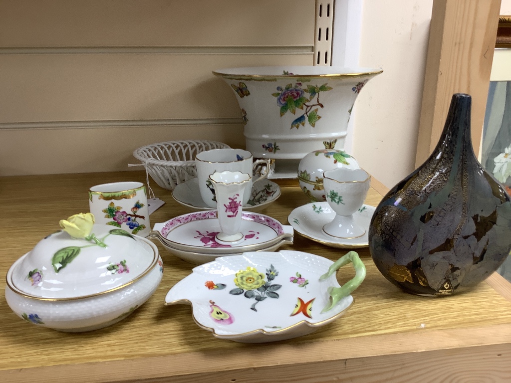 A group of Herend ornamental porcelain (11) and an Isle of Wight glass vase